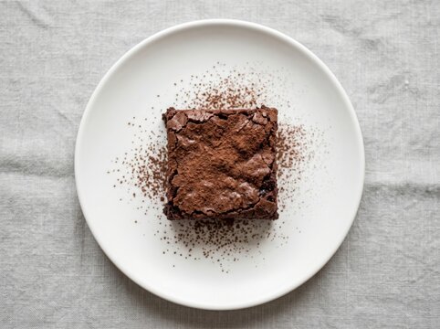 Fudgy chocolate brownie square dusted with cocoa powder on white plate top view