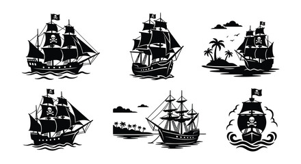 Pirate Ships Collection Black Silhouette Vector Illustration On White Background © nurjahan