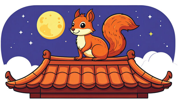 A cartoon orange squirrel sitting on roof.