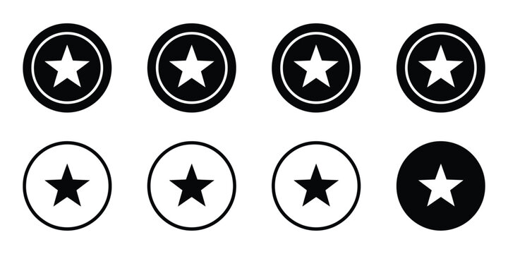 Star rating icon set, seven outline stars in circles and one solid star, isolated on transparent background, review and ranking symbols.