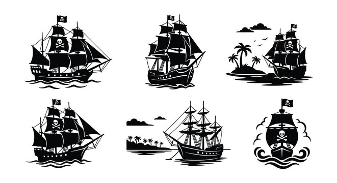 Pirate Ships Collection Black Silhouette Vector Illustration On White Background