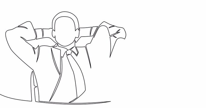 Self drawing line animation Success investment earn more easy growing profit trading businessman investor relax and sleep on growing graph continuous line drawn concept video