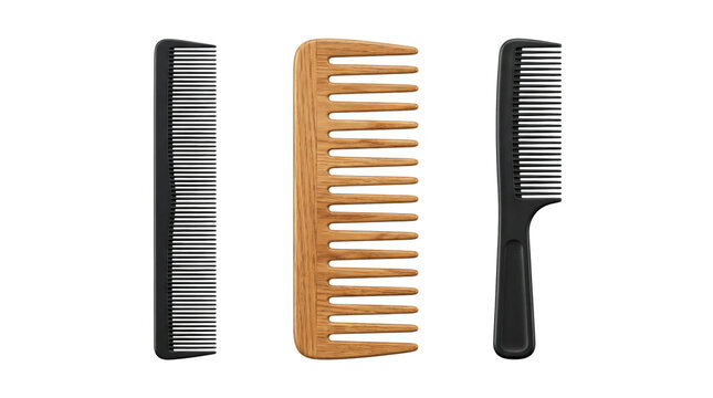 Different hair combs and brushes, isolated on transparent background