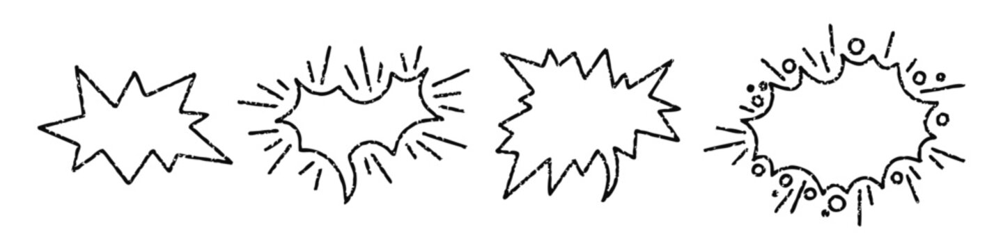 Rough crayon starburst speech bubbles and comic bursts set.