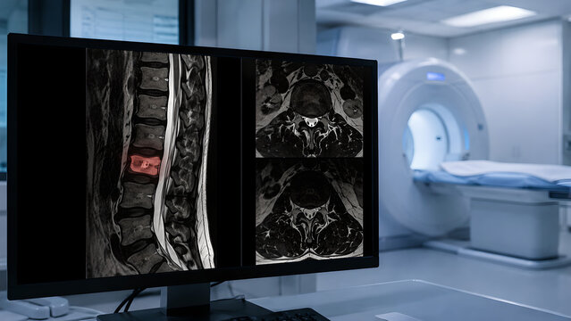 Spine Vertebral Fracture MRI Radiology Image With Localized Marrow Edema in Hospital Diagnostic Imaging Room