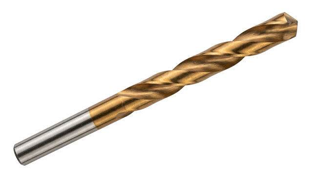 Titanium coated drill bit on white background, professional metal spiral drill bit for industrial construction, golden hss twist drill tool