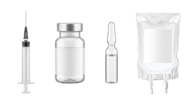 Medical equipment syringe vial ampoule and IV bag, isolated on transparent background