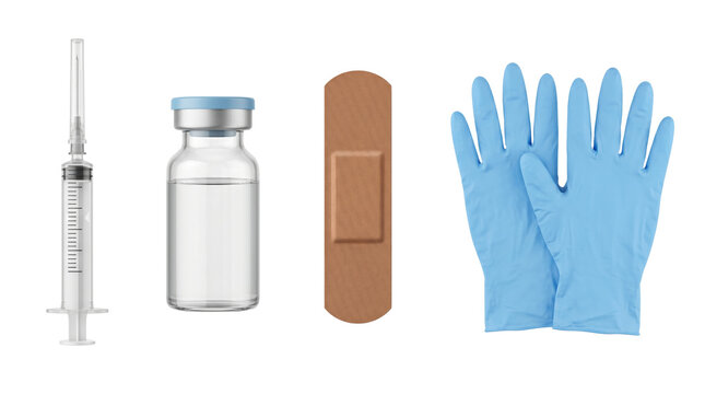 Medical first aid kit items including gloves and syringe ,isolated on transparent background