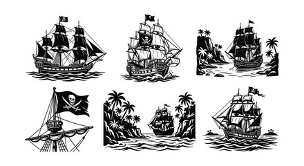 Pirate Ships Collection Black Silhouette Vector Illustration On White Background © nurjahan
