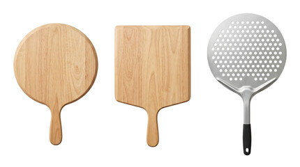 Two wooden pizza peels and steel perforated shovel on transparent background © PNG Lab