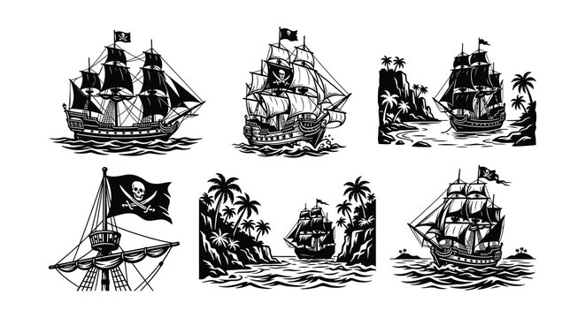 Pirate Ships Collection Black Silhouette Vector Illustration On White Background