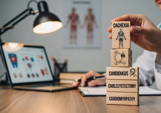 A hand holding wooden blocks with medical terms on a desk with a laptop and lamp