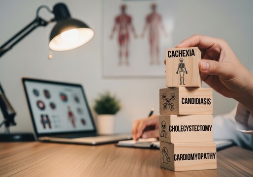A person stacking wooden blocks with medical terms in an office setting with a lamp and laptop