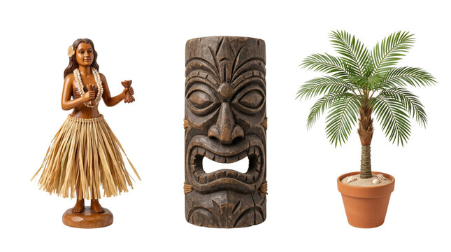 Hawaiian hula dancer tiki totem and palm tree on transparent background