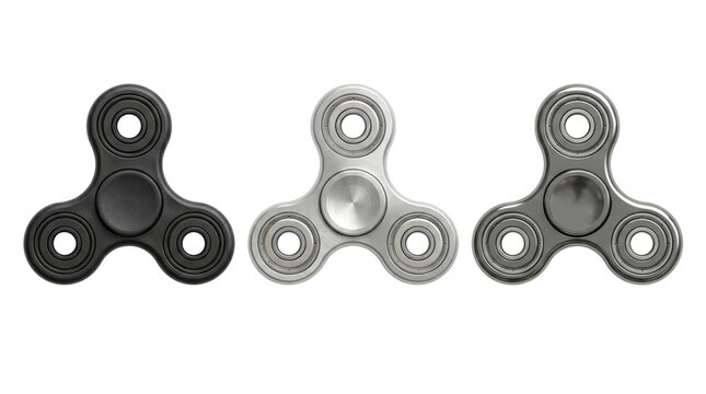 Three metallic tri fidget spinners, isolated on transparent background