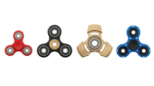 Collection of diverse fidget spinners, isolated on transparent background