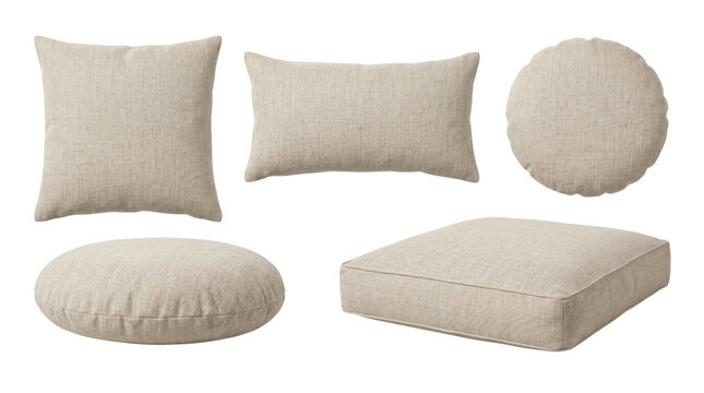 Five minimalist linen throw pillows, isolated on transparent background
