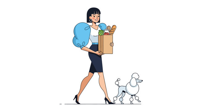Woman walking poodle while carrying packages and bag.
