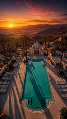 Fototapeta premium Luxury Art Deco Desert Pool at Sunset with Palm Shadows and Cinematic Resort Atmosphere