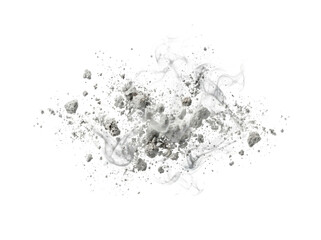 Obraz premium White smoke cloud with floating stone debris and dust particles on transparent background for destruction visual effect.
