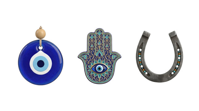 Three mystical protective symbols evil eye hamsa and horseshoe, isolated on transparent background