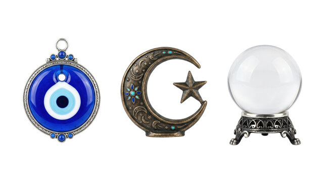 Mystical tools evil eye amulet crescent moon and crystal ball, isolated on transparent background