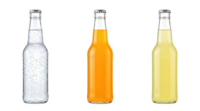 Three glass bottles filled with carbonated drinks, isolated on transparent background