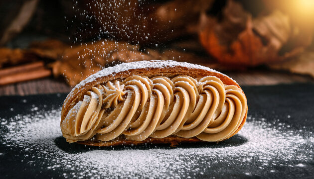 A beautifully decorated eclair with powdered sugar on a dark surface with pumpkins and spices in autumn.