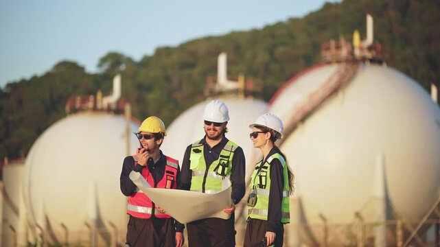 Engineers Reviewing Construction Plans at Industrial Gas Storage Facility, Industrial engineer inspecting petrochemical facility construction blueprint at gas storage plant site, energy operations.