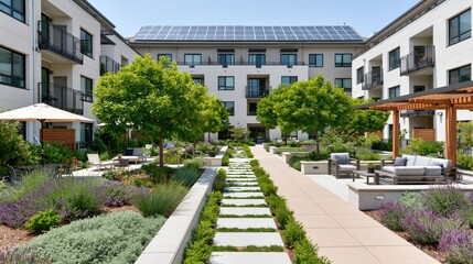 Fototapeta premium Modern apartment courtyard with solar panels and native plant landscaping