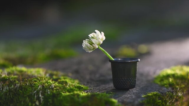 Delicate white clover flower standing gracefully in a tiny thimble vase, providing a whimsical miniature scene nestled among vibrant green moss in a natural outdoor setting