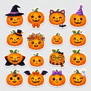 collection of cute jack-o'-lantern pumpkins with different expressions, bows, hats and festive accessories, white sticker outline
