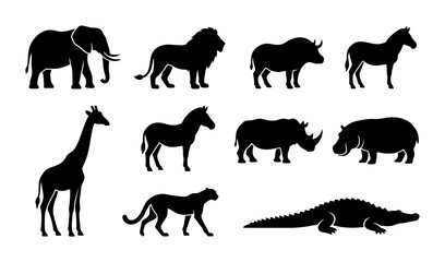 African Safari Wildlife Silhouettes: Elephant, Lion, Rhino, Giraffe, Zebra, Hippo, Cheetah, Crocodile Vector Icons © Lima