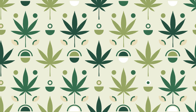 Seamless pattern design with green cannabis hemp leaves and simple geometric shapes over a cream colored background.