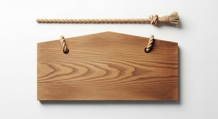 Fototapeta premium Blank Wooden Sign Hanging by Rope With Knot on White Background