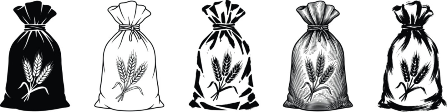 An icon set of five different trash bags with marijuana leaves, arranged in a row on a clean surface.