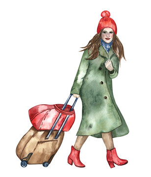 Watercolor illustration of a young woman in green coat and red hat with luggage. Elegant sketch of urban lifestyle, traveling during the holiday season, festive trips