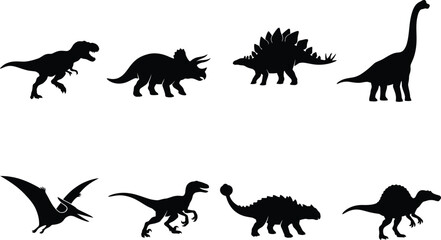  Dinosaur Silhouette Set Prehistoric Animals T Rex Triceratops Stegosaurus and Flying Reptile Icons © Partho