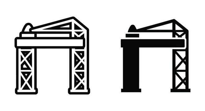 Set of harbor crane icons, industrial port equipment, heavy machinery for loading and unloading cargo, flat vector illustration isolated on white background