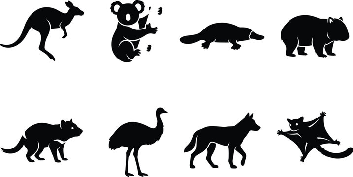  Australian Wildlife Animal Silhouette Set with Kangaroo Koala Platypus Wombat and More