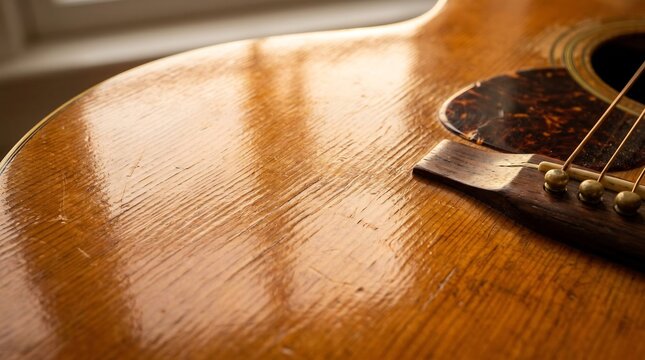 Closeup of a vintage acoustic guitar with a warm wooden body and strings