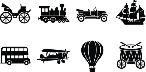  Vintage Transportation Silhouette Set with Train Ship Airplane Bus and Carriage © Partho
