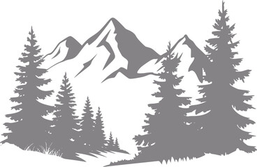 Fototapeta premium Silhouette of pine trees in front of snow-capped mountains