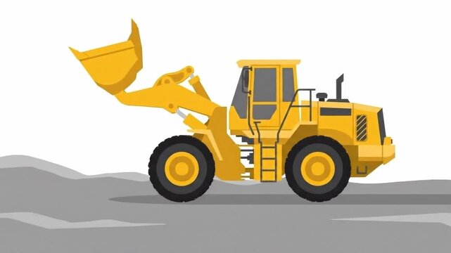 Tracking shot of yellow wheel loader raising bucket and scooping dirt on construction site during daytime industrial work, steady lateral movement conveying heavy machinery operation