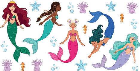 Obraz premium Beautiful mermaid character collection featuring diverse magical ocean princesses swimming underwater surrounded by starfish seahorses bubbles and sea coral vector design illustration set.
