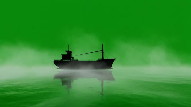 Industrial cargo ship silhouette floating in mist on green background, maritime transport icon vector for design