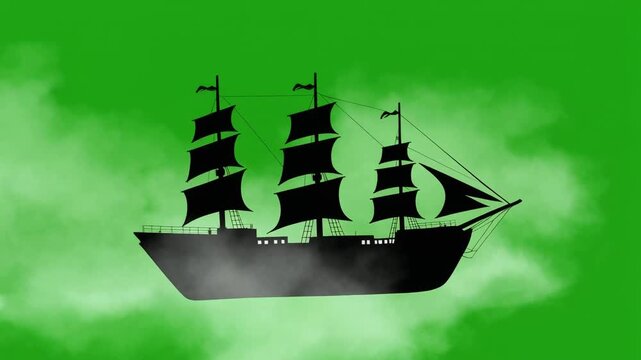 Black silhouette of a sailing ship vector icon floating on green background with clouds, pirate vessel illustration for marine projects
