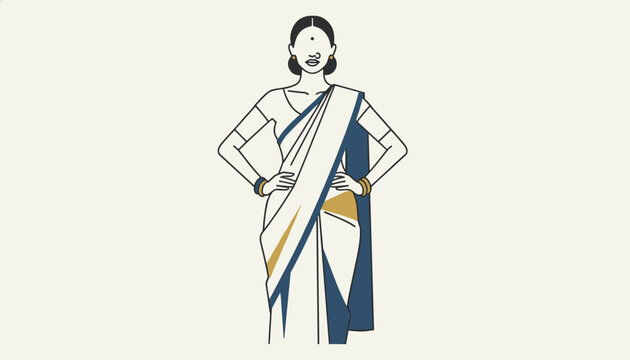 Indian woman in a traditional white saree with a dark blue border standing with confidence on a light background.