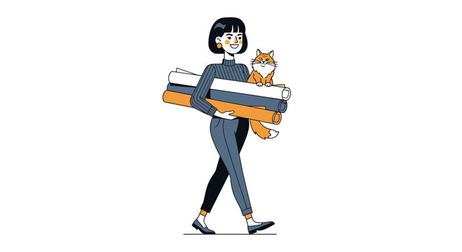 Woman carrying large stack of colorful boxes and cat.