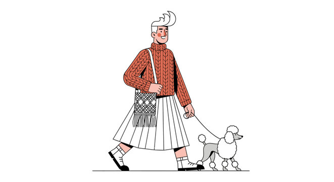Man in traditional kilt walking a poodle on leash.